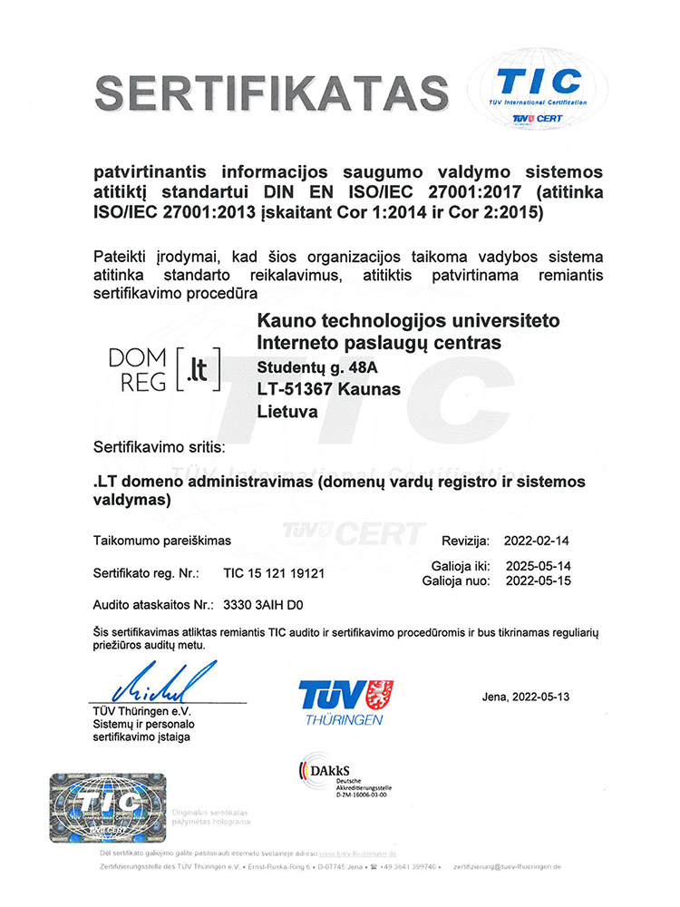 ISO/IEC 27001:2013 sertifikatas