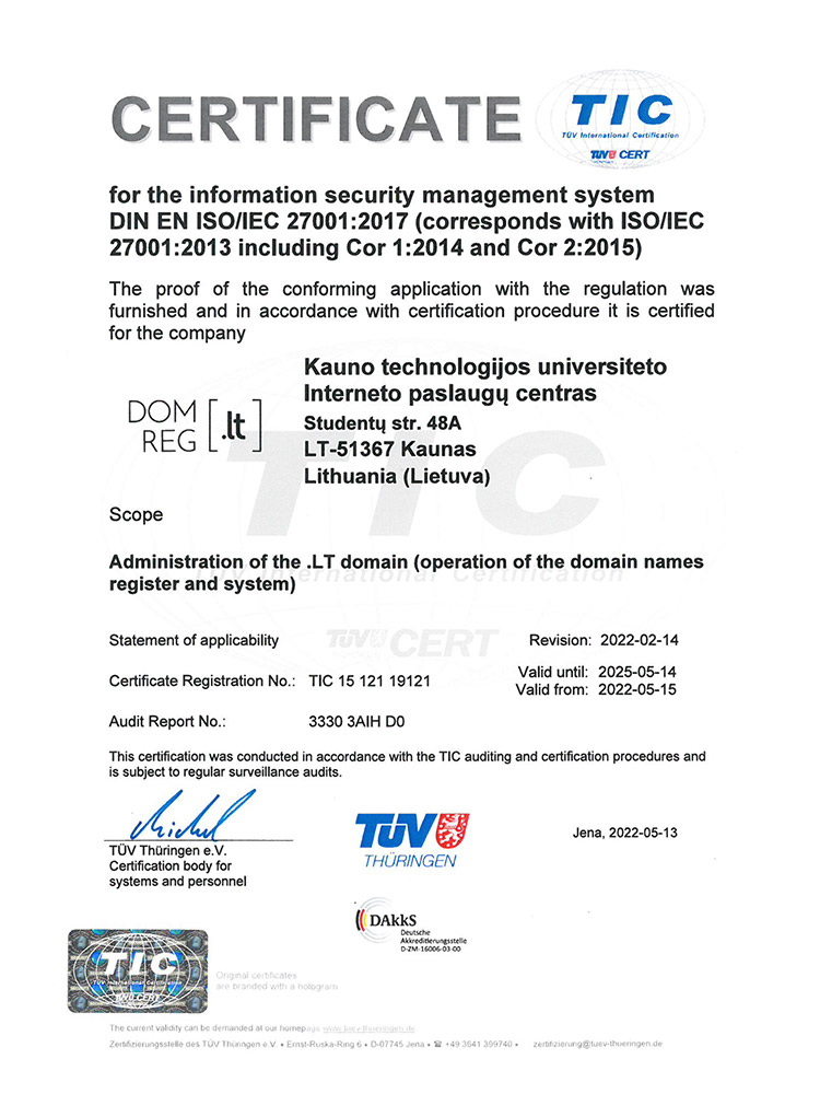 ISO/IEC 27001:2013 certificate
