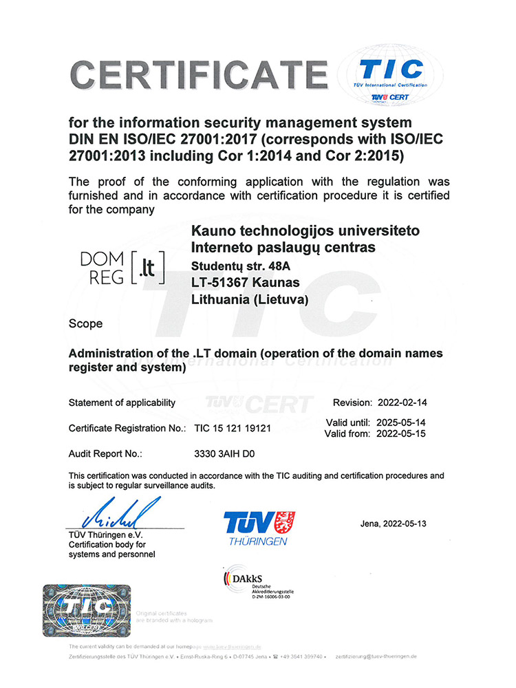 ISO/IEC 27001:2013 certificate ISO/IEC 27001:2013 certificate